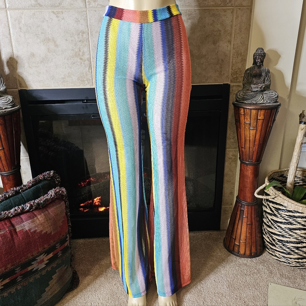 Goodtime USA Multicolor Striped Women's Flare Mesh Knit Pants. - Picture 3 of 8